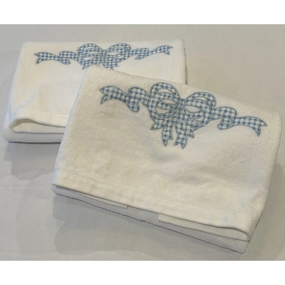 Vintage Grand Prix by Avanti Blue Gingham Bow Bath Towels Set of‎ 2 USA